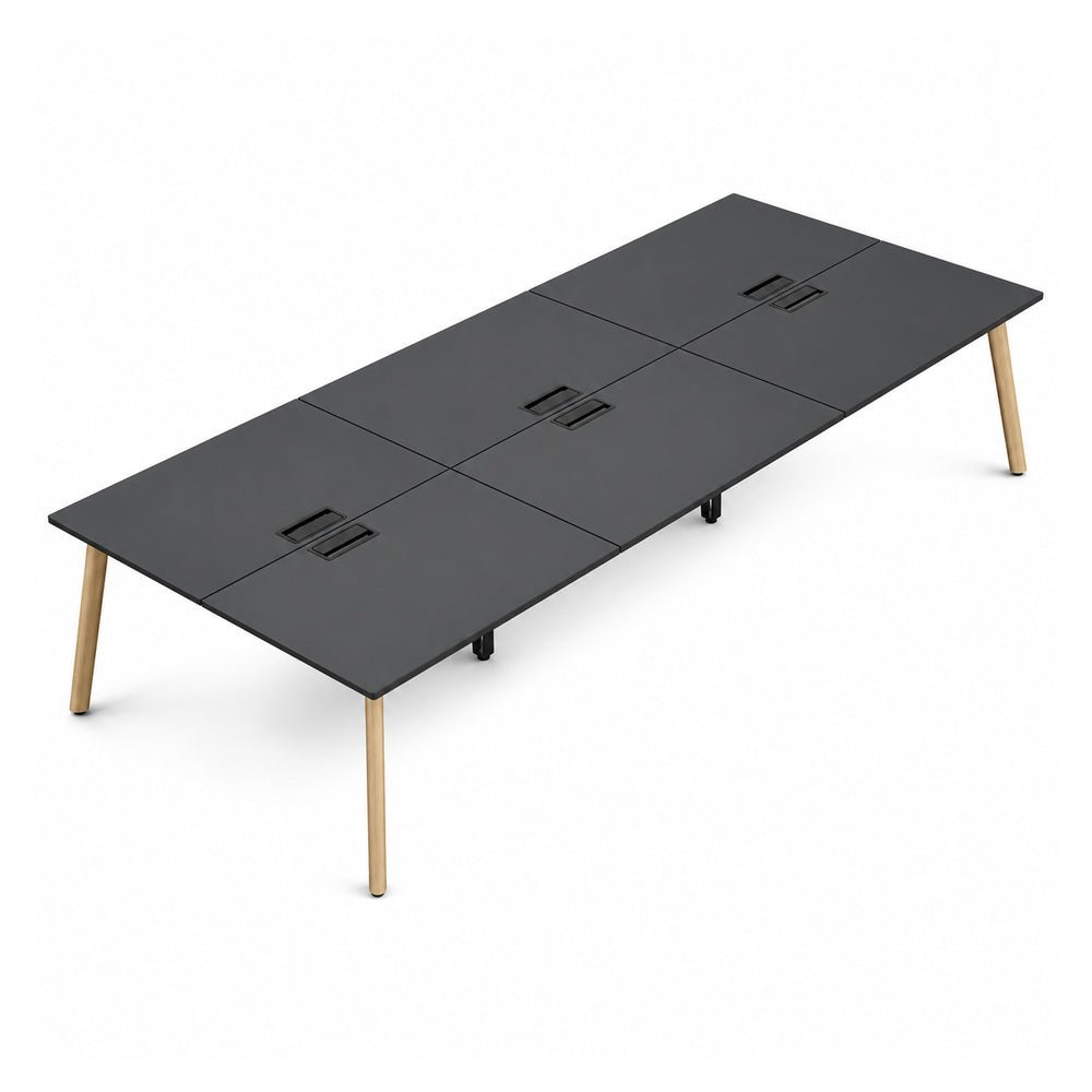 Mesa Bench para 6 Usuarios - VERSA DASH - Estructura Metálica Negra con Patas de Madera de Haya - 480 × 150 cm - DS-676 - VERSA - NOGAL BEAT - Escritorio de Oficina