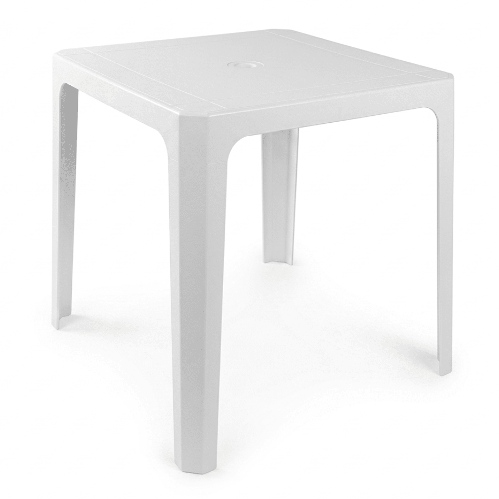 Mesa monobloc RESOL BEACH BAR 70x70 de polipropileno blanco apilable con agujero para sombrilla