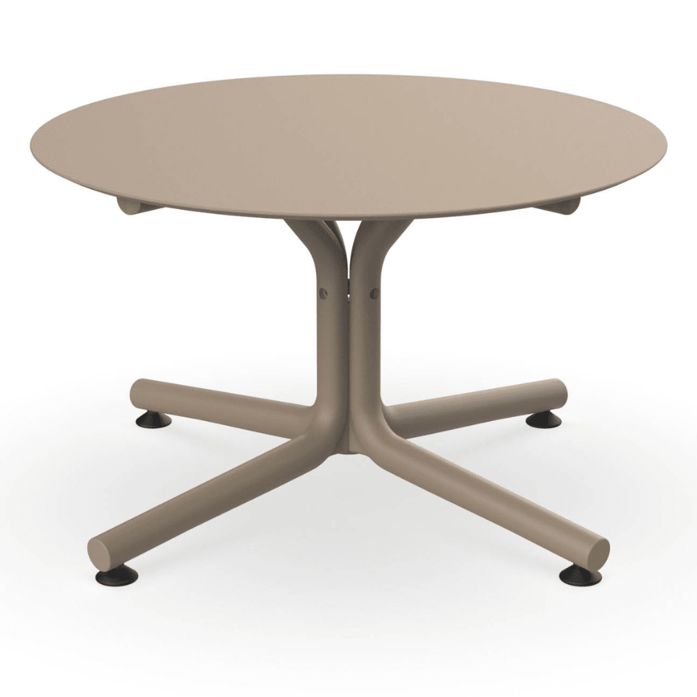 Mesa circular lounge Resol Bini HPL con tablero compacto fenólico y pie de polipropileno con fibra de vidrio para exterior