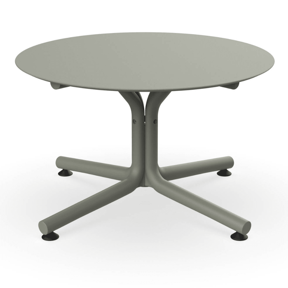 Mesa circular lounge Resol Bini HPL con tablero compacto fenólico y pie de polipropileno con fibra de vidrio para exterior