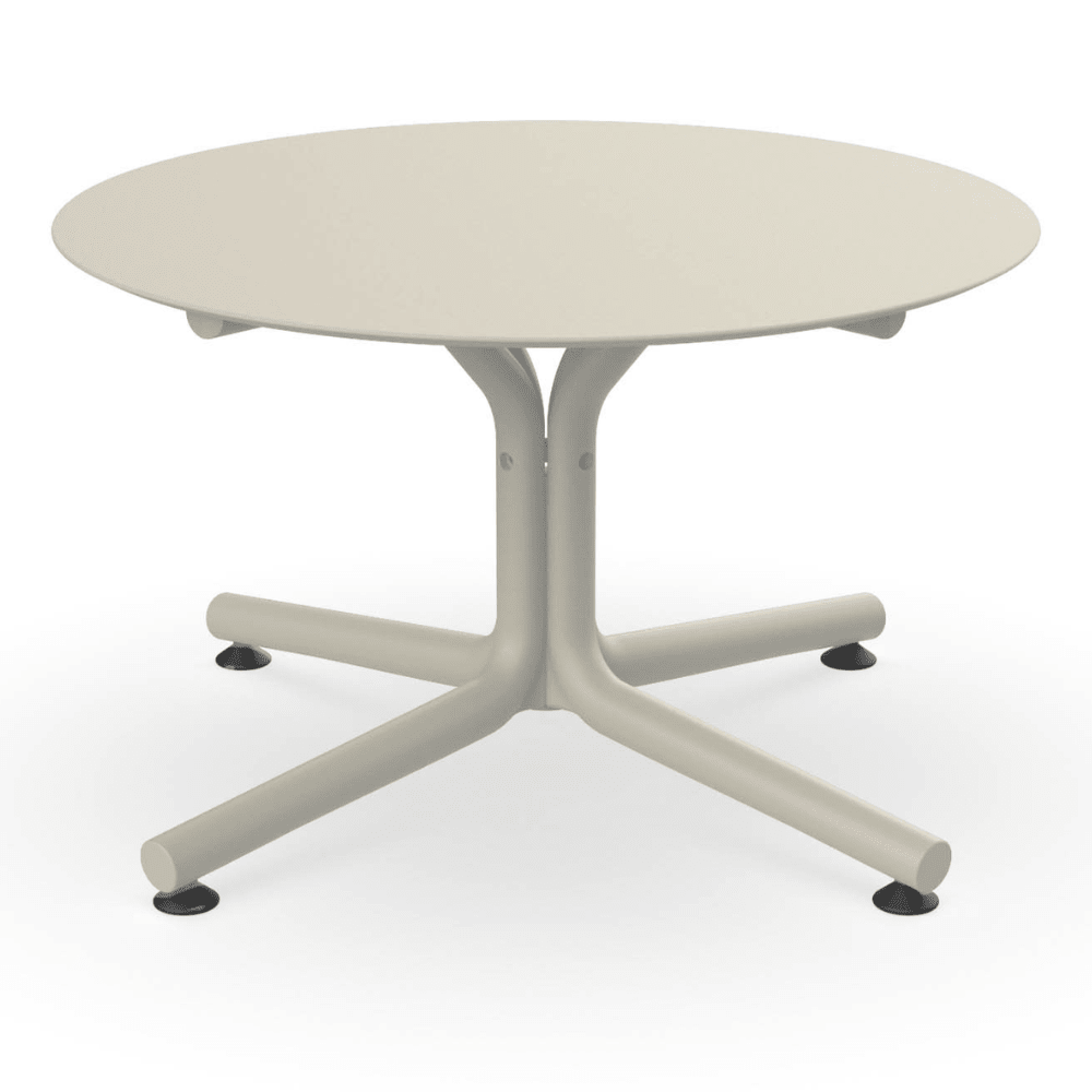 Mesa circular lounge Resol Bini HPL con tablero compacto fenólico y pie de polipropileno con fibra de vidrio para exterior