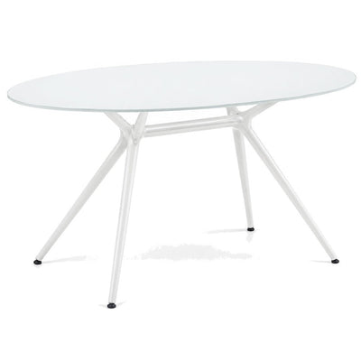 Mesa Comercial Ovalada con Cubierta de Cristal - LABENZE MESA METROPOLIS 160-07050 - Blanco - Cristal Ovalado de 1.50 x 1.12 m con Estructura de Acero Blanco - 160-07050-ESP - Labenze - NOGAL BEAT - Mesa Comercial Interior