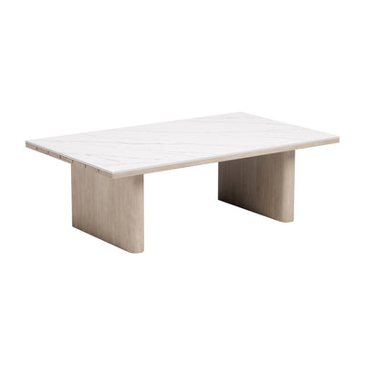 Mesa de Centro para Terraza y Cafetería - ZUO SEABORN - Blanco - Cubierta de Piedra Sinterizada Símil Mármol y Estructura de Aluminio Símil Madera - 704289 - Zuo - NOGAL BEAT - Mesa de Terraza