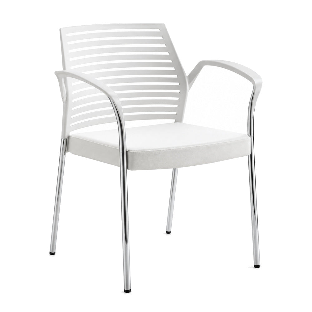 Silla Comercial con Brazos y Respaldo Flexible para Restaurante - INFINITI HALL con brazos 100-0510B - Blanco - Asiento Tapizado con Brazos y 4 Patas en Acero Gris o Cromo - 100-0520B-BCO-ESP - Infiniti - NOGAL BEAT - Silla Comercial Interior