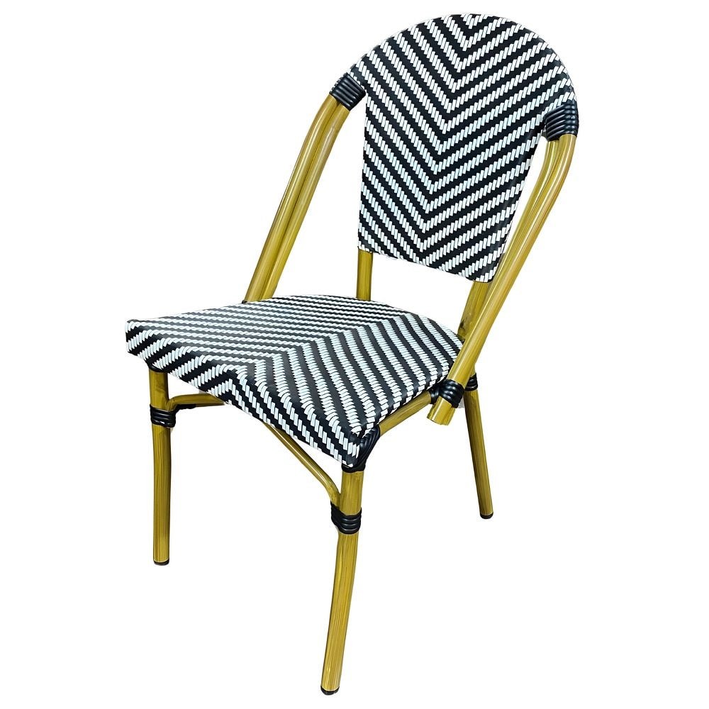 Silla comercial Nogal Beat Eiffel con estructura de aluminio acabado madera y malla tejida multicolor