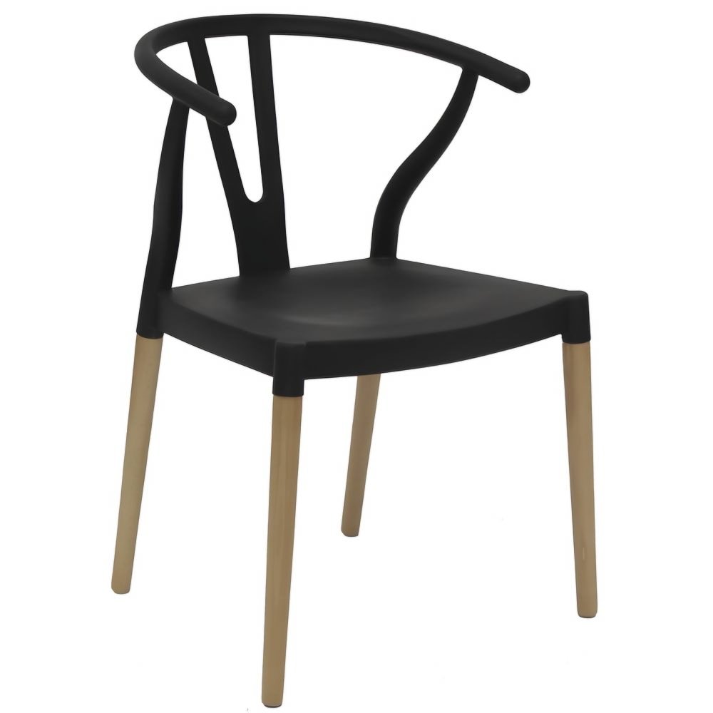 Silla comercial Copenhague con concha negra de polipropileno y patas de madera de haya