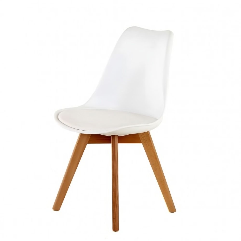 Silla Catarina con asiento tapizado en vinipiel, concha de polipropileno y patas de madera de haya