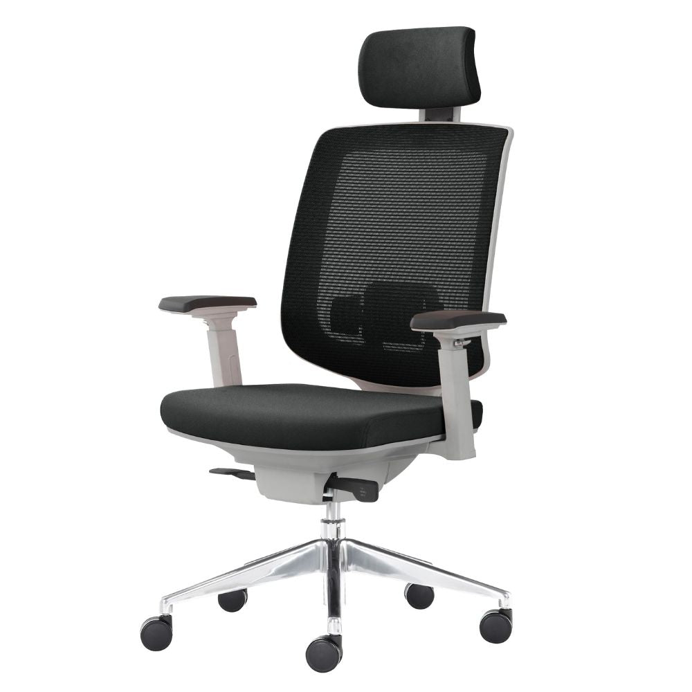 SILLA DIRECTIVA FINISTERRE GRIS | Silla Directiva | Base Aluminio | Respaldo Lumbar Ajustable | Asiento Deslizante | Tapizado Malla Tela | Brazos| Cabecera Ajustable | Negro y Gris | Interior - FINISTERRE GRIS - MOBILIARIO EN MOVIMIENTO - NOGAL BEAT - Sillas para oficina