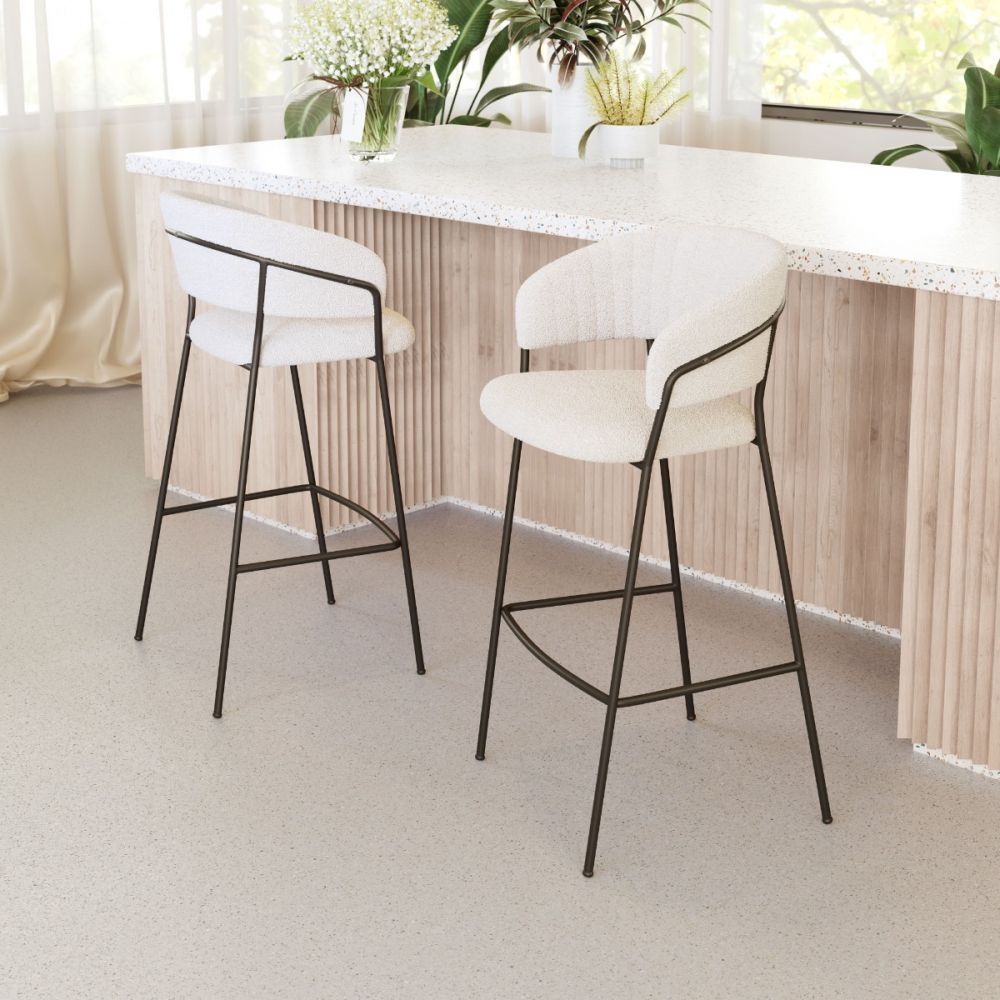 TABURETE ZUO JOSEPHINE | Taburete para Bar | 76 cm | Beige Blanco | Tejido Estilo Piel de Oveja 100 % Poliéster | Madera Contrachapada Acero Recubierto de Polvo | Interior - 109673 - Zuo - NOGAL BEAT - Taburete