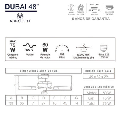 Masterfan Dubai 48" Ventilador Techo Decorativo Moderno Aspas Transparentes - DUBAI 48 - Masterfan - NOGAL BEAT - Ventiladores