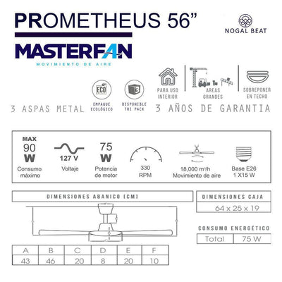 Masterfan Prometheus 56 Ventilador para Techo Sin Luz Industrial Oficina Escuela Almacén Bodega Supermercado - PROMETHEUS 56 - Masterfan - NOGAL BEAT - Ventiladores