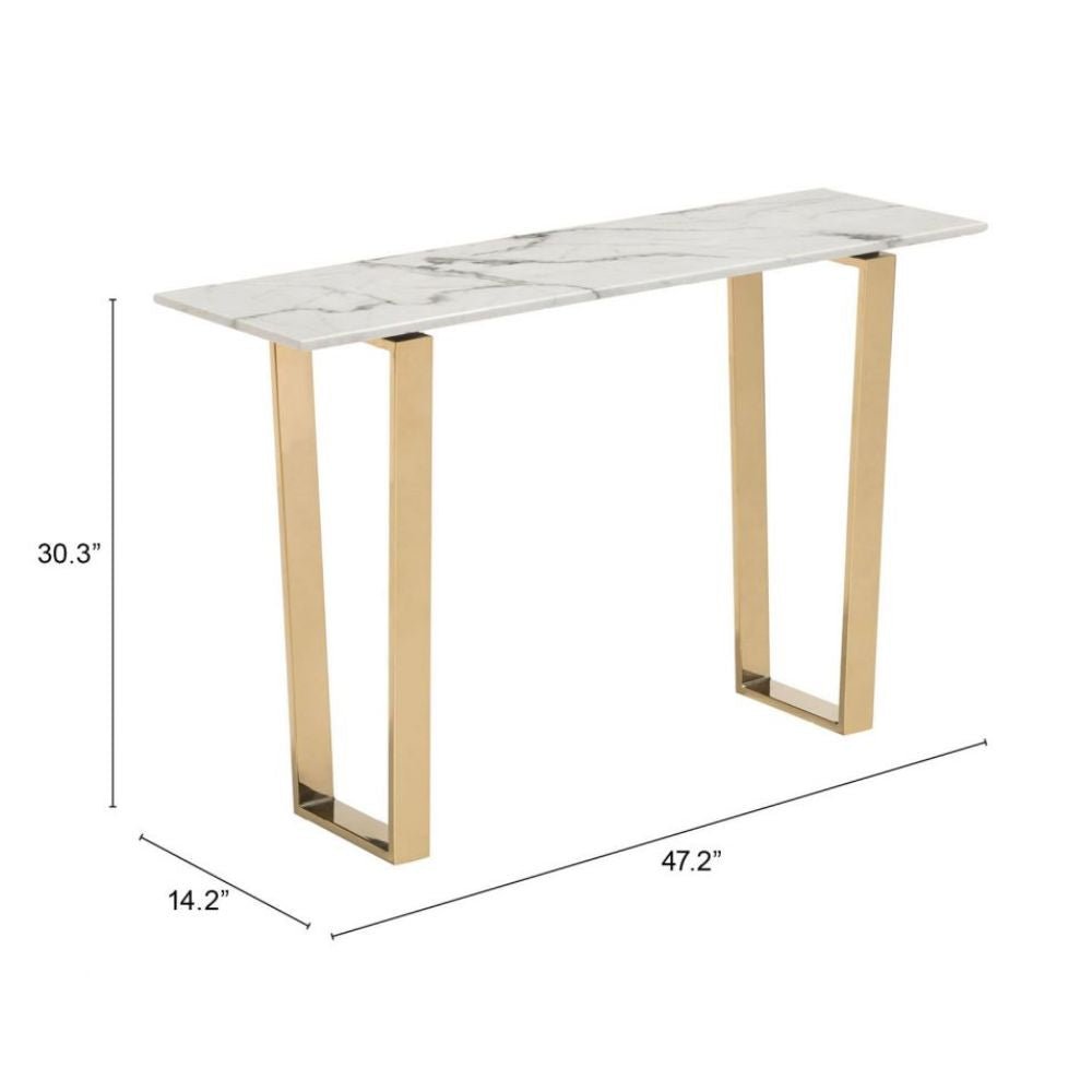 MESA CONSOLA NOGAL BEAT ATLAS | Mesa Consola Ocasional para Sala | 77 cm | Estructura Acero Inoxidable Galvanizado Oro | Blanco | Mármol Sintético | Interior - 100654 - Zuo - NOGAL BEAT - Mesas