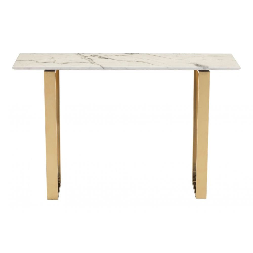 MESA CONSOLA NOGAL BEAT ATLAS | Mesa Consola Ocasional para Sala | 77 cm | Estructura Acero Inoxidable Galvanizado Oro | Blanco | Mármol Sintético | Interior - 100654 - Zuo - NOGAL BEAT - Mesas