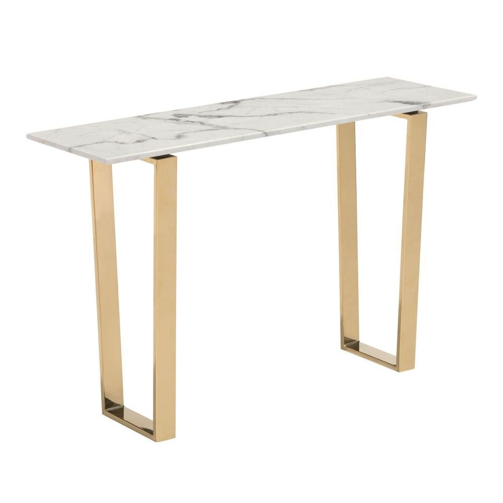 MESA CONSOLA NOGAL BEAT ATLAS | Mesa Consola Ocasional para Sala | 77 cm | Estructura Acero Inoxidable Galvanizado Oro | Blanco | Mármol Sintético | Interior - 100654 - Zuo - NOGAL BEAT - Mesas