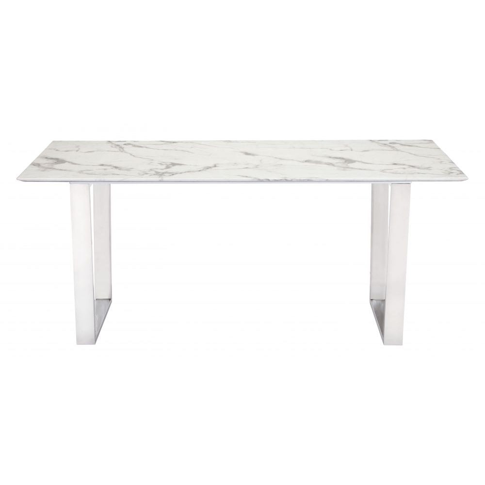 MESA NOGAL BEAT ATLAS | Mesa para Comedor | 76 cm | Base Acero Inoxidable Plata | Blanco | Piedra Compuesta de Mármol Sintético | Interior - 100707 - Zuo - NOGAL BEAT - Mesas