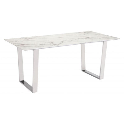 MESA NOGAL BEAT ATLAS | Mesa para Comedor | 76 cm | Base Acero Inoxidable Plata | Blanco | Piedra Compuesta de Mármol Sintético | Interior - 100707 - Zuo - NOGAL BEAT - Mesas