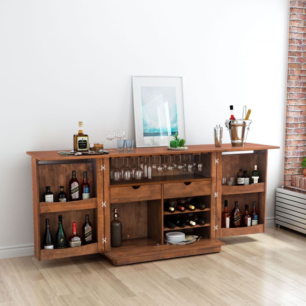 MUEBLE BAR NOGAL BEAT LINEA | Mueble Bar Nogal para Botellas y Copas | 2 Puertas 2 Cajones | Madera de Caucho Chapada en Nogal MDF | Interior - 100670 - Zuo - NOGAL BEAT - Credenza