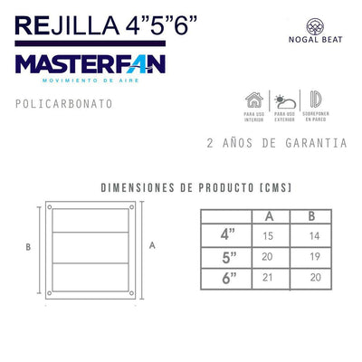 REJILLA MASTERFAN REJILLA 6 | Rejilla | 6" | para Ducto de Salida de Aire | Blanco | Policarbonato | Interior + Exterior - REJILLA 6 - Masterfan - NOGAL BEAT - Rejilla